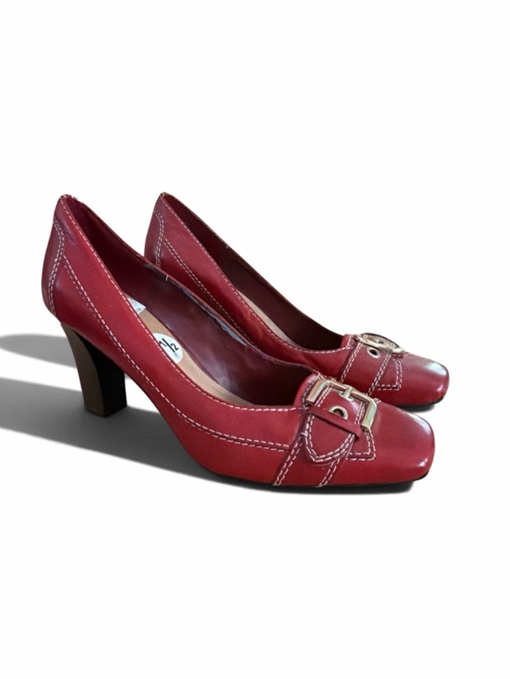 Classic Red Buckle Mid-Heel Pumps